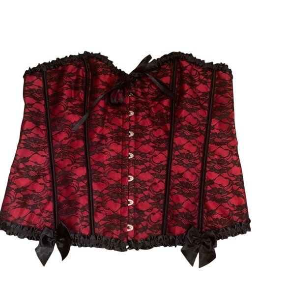 Corset Bustier Red & Black Lace Ruffle Trim Bow Accents Hook Front Closure Sz 6X - Picture 8 of 11